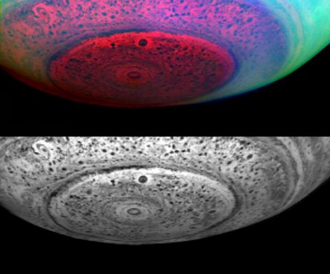 Beneath the South Pole of Saturn
Caption NASA:"What clouds lurk beneath Saturn's unusual South Pole? 
To help find out, the robotic Cassini Spacecraft currently orbiting Saturn imaged the nether region of the gigantic ringed orb in infrared light. 
There thick clouds appear dark as they mask much of the Infrared Light emitted from warmer regions below, while relatively thin clouds appear much lighter. Bands of clouds circle Saturn at several latitudes, while dark ovals indicate many dark swirling storm systems. Surprisingly, a haze of upper level clouds visible towards Saturn's Equator disappears near the Pole, including over Saturn's strange Polar Vortex. 
Cassini entered orbit around Saturn in 2004, and recorded the above image last year (2007)". 
Parole chiave: Saturn - Southern Regions