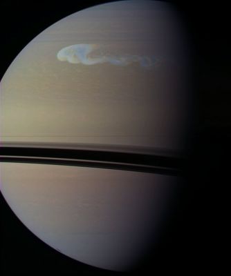 Saturnian Storm
Caption NASA:"Late last year, a new, remarkably bright storm erupted in Saturn's Northern Hemisphere. Amateur astronomers first spotted it in early December, with the Ringed Gas Giant rising in Planet Earth's predawn Sky. 
Orbiting Saturn, the Cassini Spacecraft was able to record this close-up of the complex disturbance from a distance of about 1,8 MKM on December 24th, 2010. 
Over time, the storm has evolved, spreading substantially in longitude, and now stretches far around the Planet. Saturn's thin Rings are also seen slicing across this space-based view, casting broad shadows on the Planet's Southern Hemisphere".
Parole chiave: Saturn