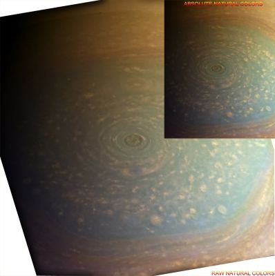 North Polar Vortex (CTX Frame: Calibrated Natural Colors; credits for the additional process. and color.: Elisabetta Bonora and Marco Faccin/Lunar Explorer Italia/Italian Planetary Foundation; EDM: Absolute Natural Colors; credits: Dr Paolo C. Fienga)
The NASA - Cassini Spacecraft has recently been travelling the Saturnian System in a set of inclined (or "tilted"), orbits that were fit to give to the Mission Scientists a vertigo-inducing view of Saturn's North Polar Regions. This (kind of "new") perspective has brought to light quite a few images of roiling Storm Clouds and a swirling Vortex, located at the center of Saturn's famed North Polar "Hexagon" (being tha latter an Atmospherical Feature whose origin and visual configuration are still a mistery). 

These North Polar Phenomena, however, basically mimic what Cassini found at Saturn's South Pole, a number of years ago. As a matter of fact, the NASA - Cassini Spacecraft had also seen several Storms circling the North Polar Regions of Saturn in the past, but the vision had come only in InfraRed Wavelengths, since the North Pole of the Ringed Gas-Giant Planet was in complete darkness. Now, with the change of the Saturnian Season, the Sun has once again begun to creep over the North Pole of Saturn, and this frame (that was obtained in Visible Light) shows us what Cassini has actually seen... 

This picture (which is an Original NASA - Cassini Spacecraft b/w frame) was taken on November, 27th, 2012, with the Cassini's Wide-Angle Imaging Camera. The Camera, at the time that the picture was taken, was pointing at the North Polar Regions of Saturn from approx. 233.742 miles (such as about 376.170 Km) away. 

The resulting frame (in its CTX Version) has been additionally processed and then colorized in Natural Colors (such as the colors that a perfect human eye - or an Electronic Eye - would have perceived while looking at Saturn from Cassini's vantage point); the EDM Version (in the upper right corner of the image), on the other hand, has been obtained by re-processing and then re-colorizing the picture - according to an informed speculation carried out by Dr Paolo C. Fienga (LXTT-IPF) - in Absolute Natural Colors (such as the colors that a normal - meaning: in the average - human eye would have actually caught if someone would have been onboard the NASA - Cassini Spacecraft and then had looked outside, towards the North Pole of Saturn), by using an original technique created - and, in time, dramatically improved - by the Lunar Explorer Italia Team. Different colors, as well as different shades of the same color, mean, among others, the existence of different Elements present in the Atmosphere of Saturn, each having a different Albedo (---> Reflectivity) and Chemical Composition.
Parole chiave: Saturn - Upper Atmosphere - North Polar Vortex