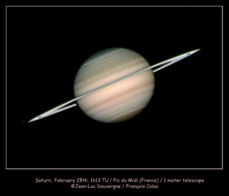 The Lord of the Rings
Caption NASA, da "NASA - Picture of the Day" del giorno 4 Marzo 2009:"Very good telescopic views of Saturn can be expected in the coming days as the Ringed Planet nears "Opposition" on March 8th, its closest approach to Earth in 2009. 
Of course, "Opposition" means opposite the Sun in planet Earth's sky - an arrangement that occurs almost yearly for Saturn. But while Saturn itself grows larger in telescopic images, Saturn's Rings seem to be vanishing as their tilt to our line-of-sight decreases. 
In fact, the rings will be nearly invisible, edge-on from our perspective, by September 4, 2009. 

Recorded on February 28, this sharp image was made with the 1 meter telescope at Pic Du Midi, a mountain top observatory in the French Pyrenees. The Rings are seen to be tilted nearly edge-on, but remarkable details are visible in the gas giant's cloud bands. The icy moon Tethys appears just beyond the Rings at the lower left".
Parole chiave: From Earth Images - Professional Images