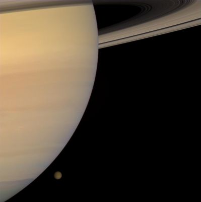 Father and Son (natural colors; credits: NASA)
Caption NASA:"The Cassini Spacecraft captured this color portrait of Saturn and Titan only a few minutes before the haze-enshrouded moon slipped behind the planet's enormous bulk. The view looks toward the sunlit side of the Rings from about 5° below the Ring-Plane. 
The Northern Hemisphere of Titan presently appears darker than the Southern, a feature presumed to be a seasonal effect. 

Images taken using red, green and blue spectral filters were combined to create this natural color view. The images were acquired with the Cassini spacecraft wide-angle camera on Jan. 29, 2008 at a distance of approx. 2,3 MKM (such as about 1,4 MMs) from Titan and approx. 1 MKM (about 630.000 miles) from Saturn. 
Image scale is roughly 135 Km (about 84 miles) per pixel on Titan and approx. 61 Km (about 38 miles) per pixel on Saturn".
Parole chiave: Saturn and Titan