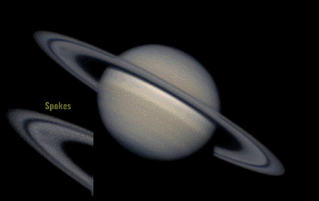 Spokes on Saturn's B-Ring (Image Credit & Copyright: Brad Croslin)
This GIF-Movie features a nearly two-hour timelapse of Saturn and its rings looping forwards and backwards. If you look closely, a ghoulish shadow appears and disappears as Saturn’s B-Ring rotates. 

Decades of observation with Voyager 2, Cassini, and Hubble show the appearance of Saturn’s spokes varies with the planet’s seasons. Like Earth, Saturn’s spin axis is tilted compared to the plane of its orbit around the Sun. 
During Saturn’s Equinox, the rings are less tilted toward the Sun and they receive sunlight at a shallower angle. Saturn’s spokes may be electrically charged dust and ice temporarily levitated above the rings by electromagnetic forces. 

It is still uncertain, but the ring plasma and charge environment may be influenced by changing ultraviolet illumination, meteoroid impacts, or indirect effects from interactions between the solar wind and the planet’s magnetic field.
Parole chiave: Saturn