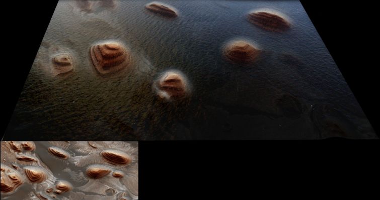 The Sea of Arabia (by Dr M. Faccin)
Una SPLENDIDA ricostruzione che ci mostra le "colline stratificate" di Arabia Terra, parzialmente immerse nel mare che, in un tempo remoto, probabilmente le conteneva e modellava.

Un nuovo Capolavoro (frutto di quella che chiamiamo "Immaginazione Informata") realizzato dal nostro Grande Marco Faccin: da guardare, per sognare ancora...
Parole chiave: Fantasy