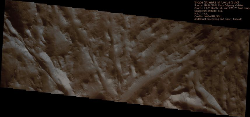 Dark Slope Streaks in Lycus Sulci (Natural Colors; credits for the additional process. and color.: Dr Paolo C. Fienga - Lunexit Team)
nessun commento
Parole chiave: Mars from orbit - Lycus Sulci Region