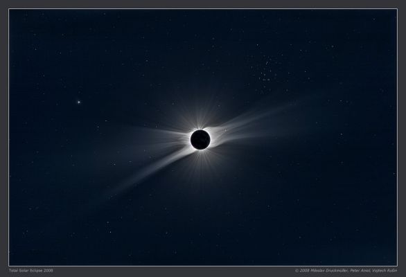August 2008 Total Solar Eclipse
Caption NASA:"For a moment on August 1st, the daytime sky grew dark along the path of a Total Solar Eclipse. While watching the geocentric celestial event from Mongolia, photographer Miloslav Druckmuller recorded multiple images with two separate cameras as the Moon blocked the bright solar disk and darkened the sky. 
This final composition consists of 55 frames ranging in exposure time from 1/125 to 8 seconds. It spans nearly 12°, with the relative position of the Moon and Sun corresponding to mid-eclipse. On the left is bright planet Mercury, but many stars are also visible, including the Praesepe Star Cluster (also known as M44 or the Beehive Cluster) in Cancer, above and to the right of the silhouetted Moon. Remarkably, the nearly perfect conditions and wide range in individual exposures allow the composite picture to register the lunar surface and follow the delicate solar corona out to a distance of nearly 20 times the radius of the Sun. In fact, the composite presents a range in brightness beyond what the eye could see during the eclipse".
Parole chiave: From Earth Pictures - Professional Pictures