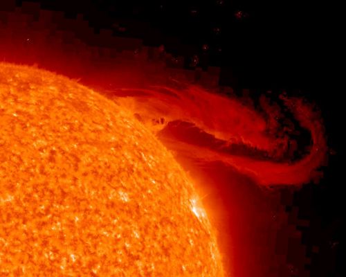 Solar Eruption!
Caption NASA:"On September 29, 2008, this magnificent eruptive Solar Prominence lifted away from the Sun's Surface, unfurling into space over the course of several hours. 
Suspended in twisted Magnetic Fields, the hot plasma structure is many times the size of planet Earth and was captured in this view by the Sun-watching STEREO (Ahead) Spacecraft. 
The image was recorded in extreme ultraviolet light emitted by ionized Helium, an element originally identified in the Solar Spectrum. Seen against the brilliant Solar Surface in visible light, such prominences appear as dark filaments because they are relatively cool. But they are bright themselves when viewed against the blackness of space, arcing above the Sun's edge".
Parole chiave: The Sun from Space - Solar Prominence