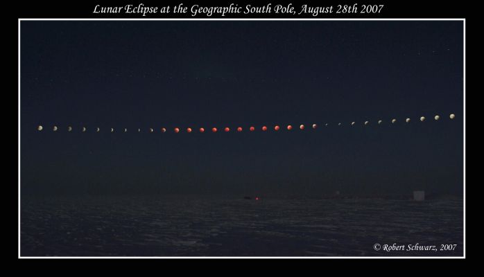 Lunar Eclipse from the South Pole
Caption NASA:"The Moon was up continuously for 14 days in August -- when viewed from the South Pole. But during the total Lunar Eclipse on August 28, it circled only about 10° above the horizon. For Robert Scharwz, the resulting long line-of-sight through the atmosphere that blurred his images was a minor problem when he recorded this 4-hour long Lunar Eclipse sequence. A more severe problem was the outdoor air temperature of - 68° C (such as - 90 F). The extreme cold required him to make the series of exposures through a slit in a window from inside a heated room. Though the heat produced convection and further blurring, it was the only way to keep the camera at a reasonable operating temperature for an extended period of time. Still, he was rewarded with this impressive record of August's lunar eclipse from a unique perspective on planet Earth".
Parole chiave: The Moon from Earth
