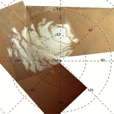 The South Pole of Mars (natural colors; credits: Lunexit)
Caption ESA:"This is a mosaic of images taken by the Mars Express’s Visible and Infrared Mineralogical Mapping Spectrometer, OMEGA. 
It shows the Residual South Polar Cap at the end of Northern Winter on the Red Planet. The cap appears clearly asymmetric, its centre being displaced by 3° from the Geographic Pole".
Parole chiave: Mars from orbit - South Polar Residual Cap