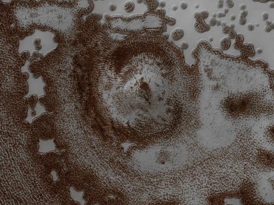 Bizarre-looking Surface Feature - Sol 2467 (EDM - Absolute Natural Colors; credits for the additional process. and color.: Dr Paolo C. Fienga - Lunexit Team)
This approx. 4 Km diameter Surface Feature near the edge of the South Polar Residual Cap was recognized in Mariner 9 and Viking Orbiter images taken in the 1970s, but its origin could not be inferred. It was therefore targeted for HiRISE stereo imaging.
The bright areas in this image are covered by CO2 Frost, and the "Swiss Cheese" Terrain typical of the South Polar Residual Cap covers much of the imaged area. 
The Dark Walls of the Circular Depression do not have as much Frost on them and are fractured in a Polygonal Pattern. Apparently the Surface of the Walls has been extensively modified by thermal expansion and contraction of water ice. It also appears that the "Swiss Cheese" Terrain of the Residual Cap has buried the Floor of the Circular Depression, as well as the Terrain surrounding the Feature, making it difficult to infer its origin. 

Its circular symmetry is consistent with an impact origin, but there is no evidence of a Crater Rim or Ejecta Blanket (perhaps because they have been buried). The Depression may also have formed by Collapse, but there is little evidence of extensional fractures that would be expected around a Collapse Pit. Analysis of HiRISE stereo data may help the interpretation of this however really peculiar Surface Feature.
Parole chiave: Mars from orbit - South Polar Features - Unnamed Crater