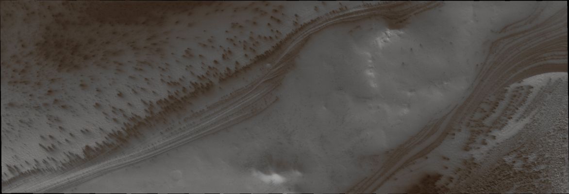 South Polar Layers and Geysers (Absolute Natural Colors; credits: Dr Paolo C. Fienga - Lunexit Team)
Caption NASA:"The South Polar Cap of Mars is comprised of alternating Layers of Ice and Dust. The darker Dust Layers help show the Layering, especially on Steep Slopes".

Orbit Number: 39856 
Latitude: 85,3099° South 
Longitude: 98,2745° East 
Instrument: VIS 
Captured: December, 9th, 2010

Parole chiave: Mars from orbit - South Polar Features - SPLD