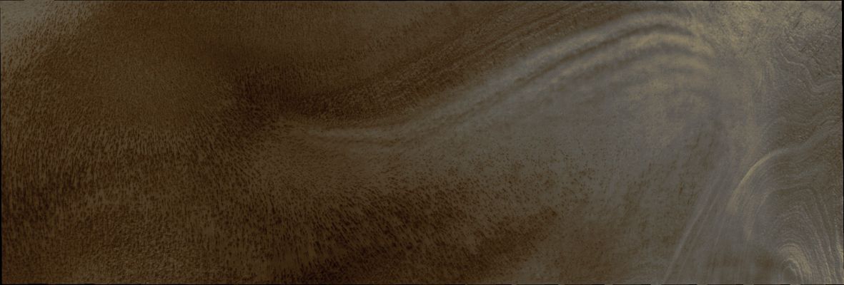 South Polar "Trough Clouds" (Enhanced Absolute Natural Colors; credits: Dr Paolo C. Fienga - Lunexit Team)
Caption NASA:"Polar Surface Winds can reach high velocities. These Winds can cause Clouds to form when they flow into Troughs and become chaotic. This VIS image shows Trough Clouds as linear bands".

Orbit Number: 40916 
Latitude: 86,459° South 
Longitude: 100,949° East 
Instrument: VIS 
Captured: March, 6th, 2011
Mars Local Time (M.L.T.): 07:28 (Early Morning Hours)

Parole chiave: Mars from orbit - Southern Latitudes - Clouds