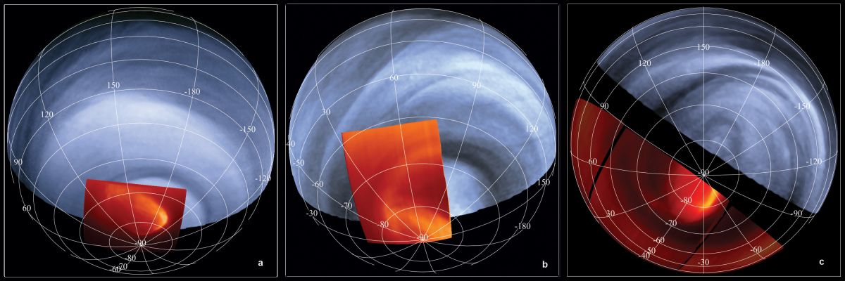 The Southern Hemisphere of Venus
Caption ESA:In this mosaic, InfraRed images taken at a wavelength of 5 micrometres (in red) are overlaid on UltraViolet images, taken at 0.365 micrometres. 

The bright areas in the IR Images represent the temperatures at the cloud tops (dark regions denote lower temperatures). The oval feature that stands out in these images is the giant eye of a hurricane, or the Polar Vortex, at the Planet’s South Pole. Its centre is displaced from the South Pole and the structure measures about 2000 Km across, rotating around the Pole in about 2.5 days. 
The Atmosphere rotates counterclockwise in this figure".
Parole chiave: Venus