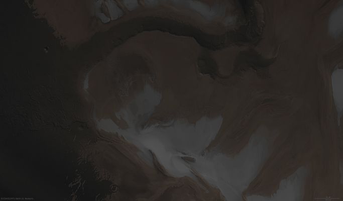 Rupes Tenuis (possible Natural Colors; credits ESA - additional color. and process. Dr Paolo C. Fienga)
ESA’s Mars Express orbiter imaged the snow-laden Region of Rupes Tenuis on the Martian North Pole on 29 July 2008. 
Rupes Tenuis is located at the Southern Edge of the Martian North Polar Cap, approx. 5500 Km northeast of the Tharsis Volcanic Region. 

The images are at about 81° north and 297° east and have a ground resolution of approx. 41 mt/pixel. They cover an area of about 44.000 square/Km, almost as large as the Netherlands.

Nota Lunexit: a nostro avviso questa "immagine" NON E' VERA! E' un disegno. Al limite, è la trasposizione digitale di un frame RAW originale unprocessed (ma ne dubitiamo).
Parole chiave: Mars from orbit - Rupes Tenuis Region