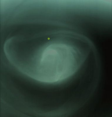 Venus' South Polar Vortex (Absolute Natural Colors; credits for the additional process. and color.: Dr P>aolo C. Fienga - Lunexit Team)
Caption ESA:"This image, of the ‘Eye of the Hurricane’ on Venus was taken by the Visible and Infrared Thermal Imaging Spectrometer (VIRTIS) on board Venus Express. 
This picture shows a Region in the Venusian Atmosphere about 60 Km from the Surface, at a wavelength of about 5 micrometres. In this figure, the dipole assumes an eye-like shape and from here until the last image, it is possible to see how its shape evolves rapidly in a span of only 24 hours. 
The yellow dot in the image indicates the location of the South Pole".
Parole chiave: Venus
