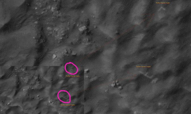 Square Angles (by Dr Marco Faccin - Lunexit Team)
...Non serve "scomodare" le finte immagini dell'ESA per individuare delle bizzarre strutture ad angolo retto sulla Superficie del Pianeta Rosso: basta saper cercare, guardare e vedere. E alla fine, inevitabilmente, si trova.
Non abbiamo idea (nessuno può averla) di che cosa si tratti. Diciamo solo che sono due rilievi che è oggettivamente difficile spiegare.
Parole chiave: Mars from orbit - Controversial Surface Feature