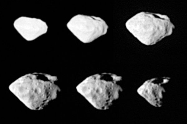 2867 �teins
Caption NASA:"Cruising though space, sometimes you'll come across an unusual object. Such was the case on Friday for ESA's Rosetta Spacecraft on it's way to comet Churyumov-Gerasimenko. Robotic Rosetta buzzed right by the main belt asteroid 2867 Šteins, taking many pictures, some of which have been compiled into a short video. 
At first glance, Steins looked like a 5-Km wide diamond, but as Rosetta shot by, craters and a more extended shape become evident. In the above sequence of 6 images, a notable chain of craters is evident vertically on the Asteroid's Surface, most probably caused by a chance collision with a stream of meteors. Space scientists will now study the data taken by Rosetta of asteroid Steins in an effort to better understand its composition, origin, and why the asteroid reflects light so well. 
As the Earth-bound scientists toil, Rosetta itself will continue to zoom across our Solar System, next swooping again by the Earth in 2009 November, flying by asteroid 21 Lutetia in July 2010, and finally landing on Comet Churyumov-Gerasimenko in November 2014".

Nota Lunexit: un nuovo (ed eclatante) esempio di Asteroide il quale ci mostra, fra le diverse Surface Features che ne caratterizzano le fattezze, un gigantesco cratere (da impatto?!?) il quale - nonostante le usuali spiegazioni degli Scienziati Planetari NASA ed ESA - non potrebbe (nè dovrebbe) esistere.

Altri tre esempi di piccoli asteroidi che presentano un inspiegabile (per dimensioni e fattezze) "Mega-Cratere" sulla loro superficie: Annefrank; Mathilde e Dactyl (senza dimenticare Phobos, come ovvio, anche se Phobos - tecnicamente - non è un asteroide. O almeno: non lo è più...).
Parole chiave: Asteroids - 2867 �teins
