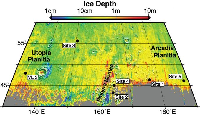 Subsurface Ice is EVERYWHERE!
This map shows five locations where fresh impact cratering has excavated water ice from just beneath the Surface of Mars (sites 1 through 5) and the Viking Lander 2 Landing Site (VL2), in the context of color coding to indicate estimated depth to ice. 

The map covers an area from 40 to 60° North Latitude and from 130 to 190° East Longitude. Estimates of the depth to water-ice come from a computer model and observations of the brightness and temperature of the Surface. The model matches the ice-exposing crater observations by NASA's Mars Reconnaissance Orbiter and data from the neutron spectrometer on NASA's Mars Odyssey Orbiter. 

Analysis of the observations of ice-exposing fresh craters at sites 1 through 5, reported by Byrne et al. in a Sept. 25, 2009, paper in the journal Science, leads the paper's authors to calculate that if NASA's Viking Lander 2 had been able to dig slightly deeper than the 10-to 15-centimeter-deep (4-to-6-inch-deep) trench that it excavated in 1976, it would have hit water ice. 

The color coding indicates depths to the top of a water-ice-containing layer, ranging from 1 cm (about 0,5") in dark-blue coded locations to 10 meters (33 feet) in red-coded locations.
Parole chiave: Maps