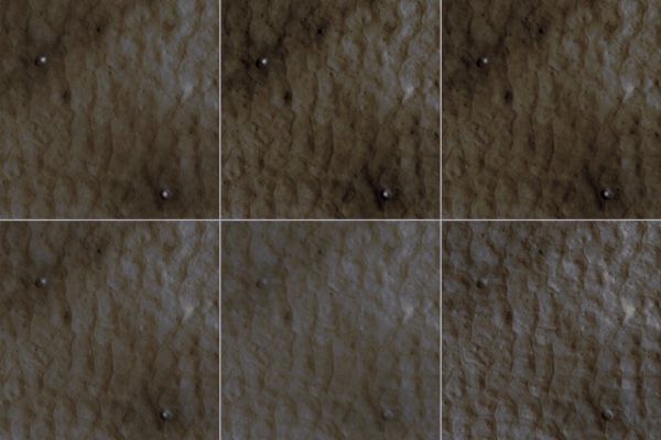 Fading Fresh Craters with Subsurface Ice (Natural Colors; credits: Lunexit)
This series of images spanning a period of 15 weeks shows a pair of fresh, middle-latitude craters on Mars in which some bright, bluish material apparent in the earliest images disappears by the later ones. Each panel is 75 meters (246 feet) across. The two craters are each about 4 meters (13 feet) in diameter and half a meter (1,5 feet) deep. 

The bright material is water ice that was uncovered by the meteorite impact that excavated these small craters less than 15 weeks before the initial image of this series. Sublimation of the ice during the Martian Summer leaves behind a dust layer that gradually thickens to the point where it obscures the ice. 

The High Resolution Imaging Science Experiment (HiRISE) camera on NASA's Mars Reconnaissance Orbiter took these images of this site at 46,33° North Latitude and 176,90° East Longitude. The HiRISE camera's targeting of the site was prompted by two earlier images from the Context Camera on the Mars Reconnaissance Orbiter, which showed that the impact responsible for these craters had not yet occurred by June 4, 2008, but had occurred by Aug. 10, 2008. 

The dates when these six HiRISE images were taken were (left to right, top row; then left to right, bottom row): Sept. 12, 2008; Sept. 28, 2008; Oct. 9, 2008; Oct. 14, 2008; Nov. 22, 2008; and Dec. 25, 2008. The span of time corresponded to a period from mid to late Summer in Mars' Northern Hemisphere. The images are subframes of the observations made on those dates. 
The full-frame images are online (same order) at http://hirise.lpl.arizona.edu/PSP_009978_2265; 
http://hirise.lpl.arizona.edu/PSP_010189_2265; http://hirise.lpl.arizona.edu/PSP_010334_2265; 
http://hirise.lpl.arizona.edu/PSP_010400_2265; http://hirise.lpl.arizona.edu/PSP_010901_2265; and 
http://hirise.lpl.arizona.edu/ESP_011323_2265.
Parole chiave: Mars from orbit - Craters - Fresh Craters