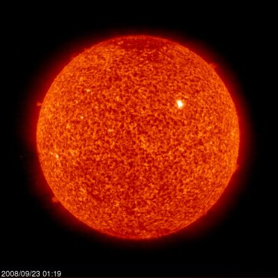 Active Region 1002
Caption NASA:"Why has the Sun been so quiet recently? No one is sure. Our Sun has shown few active regions -- that house even fewer associated sunspots -- for over a year now, and such a period of relative calm is quite unusual. 
What is well known is that our Sun is in a transitional period between solar cycles called a Solar Minimum, where solar activity has historically been reduced. 
The stark lack of surface tumult is unusual even during a Solar Minimum, however, and activity this low has not been seen for many decades. A few days ago, however, a "Bona-Fide Active Region! -- complete with Sunspots --appeared and continues to rotate across the Sun's face. Visible above, this region, dubbed "Active Region 1002" (AR 1002), was imaged in ultraviolet light yesterday by the SOHO Spacecraft, which co-orbits the Sun near the Earth. 
Besides the tranquility on the Sun's surface, recent data from the Ulysses Spacecraft, across the Solar System, indicate that the intensity of the Solar Wind blowing out from the Sun is at a 50 year low. Predictions hold, however, that our Sun will show more and more active regions containing more and more Sunspots and Flares until Solar Maximum occurs in about 4 years from now (such as in the year 2012)".
Parole chiave: The Sun from Space - Sunspot