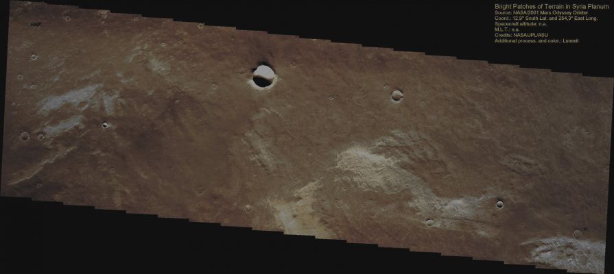 Unusually-looking terrain with "White Patches" in Syria Planum (Natural Colors; credits for the additional process. and color.: Dr Paolo C. Fienga - Lunexit Team)
nessun commento
Parole chiave: Mars from orbit - Syria Planum