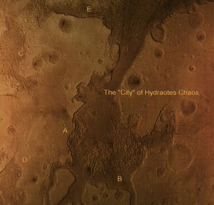 The Great Hoax of Hydraotes Chaos (3 - extra-detail mgnf; credits: Dr G. Barca; additional process. by Lunexit)
TUTTO il frame, una volta stretchato, diventa una sorta di "mappa cittadina e stradale", fatta di angoli, curve, strade diritte, incroci, piazze e, chi più ne ha, più ne aggiunga!
E la "caratterizzazione superficiale" che ha fatto gridare alla "Città" NON E' CERTO UNICA, anzi! Guardate le aree che abbiamo indicato con le lettere... Ma quante città ci sono in questa Regione di Marte?!?

Per cui: la "Citta di Hydraotes", come ovvio (e seguendo la "non-logica" di Hoagland & C.), non è certo unica: semmai è solo la più grande. 

Guardate ancora l'extra-detail mgnf che abbiamo stretchato e colorizzato (sensatamente) noi: vedete ora? 
Vedete che l'irregolarità del suolo la quale è stata ritenuta l'evidenza di "artificialità" NON E' AFFATTO UNICA, anzi! 
Accanto alla caratterizzazione maggiore, ce ne sono molte altre, più piccole, ma assolutamente analoghe in termini di apparenza e di texture. 
Dunque, se c'era e c'è UNA Città, allora dovevano e devono essercene anche delle altre: uguali, prossime, ben "disegnate" sulla superficie di Hydraotes e ben collegate fra loro da un fitto network di strade ed invece...

Invece queste altre "Città Satelliti" vengono ignorate, da Hoagland prima, come dai suoi degni compari e seguaci poi. Perchè?

Perchè nel momento in cui la (presunta) Anomalìa - chiamata "Città" - fosse stata contestualizzata (e quindi identificata e pure riconosciuta anche in altri punti di Hydraotes), essa - automaticamente - AVREBBE CESSATO di essere un'Anomalìa in senso tecnico e sarebbe TORNATA a configurarsi come una semplice Surface Feature. Una Surface Feature indicativa dell'esistenza di terreni "caotici". E basta.
Punto.

Ma allora, se questa versione dei fatti (e cioè la versione Lunexit) fosse la Verità, perchè "secretare" le immagini di Phobos-2? ci chiederete. 

Secretare? Ma chi ha mai secretato qualcosa?!?

Le immagini "SEGRETE" sono in Rete, ben pubblicate su svariati indirizzi e, DA TEMPO, presenti anche sulle nostre pagine nella Sezione "The Soviet mars Programme"! 
Altro che "secretare"...
Ma per favore: come se non bastasse l'aver costruito una montagna di baggianate usando come "prova" il super-stretching di un frame di scarsa qualità, ora ci si mette anche a parlare di "cover-up"! Ma che vergogna, Cari Amici, che vergogna!

Morale: quando non si hanno gli elementi, nè la Voglia, nè la Cultura per costruire una teoria od una ipotesi - anche di Frontiera, perchè no? - la quale abbia una pur minima parvenza di "senso", guardate che cosa si arriva a fare pur di "raccattare" quattro soldi: si ingannano decine di migliaia di Appassionati e gli Entusiasti che, come Hoagland & C. sanno benissimo, pur di "Credere" sono disposti a bersi - PAGANDO! - qualsiasi cosa; si diffonde ignoranza, (sotto)cultura del sospetto, disinformazione e stupidità planetaria.

Che vergogna...

§§§

E quindi, per chiudere, qualche link sulla panzana di Hydraotes (e di Hale Crater, che qui non trattiamo, ma che è parimenti squallida) e sulle AUTENTICHE menzogne che vanno a corredarla: Buona Lettura!

http://www.enterprisemission.com/expect.htm
http://www.roswell.it/2007/07/30/le-citta-di-marte.html
http://www.marsanomalyresearch.com/evidence-reports/2005/084/hale-civ-evidence.htm

E per coloro che pensassero al cover-up, eccoVi i links (rapidamente identificati dal nostro grandissimo Amico e Collega, Dr Gianluigi Barca - il quale si sta rivelando un autentico "archivio spaziale vivente"!) per vedere la regione di Hydraotes e la "Città" (anzi: "LE Città"!), come riprese dalle Sonde "Mars Global Surveyor" e "Mars Odyssey":

MGS -> http://mars.jpl.nasa.gov/mgs//msss/camera/images/3_9_98_release/8805/index.html
http://mars.jpl.nasa.gov/mgs//msss/camera/images/3_9_98_release/8805/8805_ctx.gif
http://mars.jpl.nasa.gov/mgs//msss/camera/images/3_9_98_release/8805/8805_large.gif
http://www.msss.com/mars_images/moc/science_paper/f2/
http://www.msss.com/mars_images/moc/science_paper/f2/fig2_cntxA.gif
http://www.msss.com/mars_images/moc/science_paper/f2/fig2_cntxB.gif
http://www.msss.com/mars_images/moc/science_paper/f2/fig2a_3506.gif
http://www.msss.com/mars_images/moc/science_paper/f2/fig2b_3506.gif

Odyssey -> http://themis-data.asu.edu/img/V01449011
http://themis-data.asu.edu/img/V05968014
http://themis-data.asu.edu/img/V05993005
http://themis-data.asu.edu/img/V06255016
http://themis-data.asu.edu/img/V06256001
http://themis-data.asu.edu/img/V06355022
http://themis-data.asu.edu/img/V06380020
http://themis-data.asu.edu/img/V07029053
http://themis-data.asu.edu/img/I01449010
http://themis-data.asu.edu/img/I06355021
http://themis-data.asu.edu/img/I06380019

Nota Lunexit: se qualche "Eso-Archeologo", oltre al Dr Hoagland, si sentisse chiamato in causa e "sbeffeggiato" da questi commenti, per favore, che contasse sino ad un milione e poi cambiasse mestiere senza prendersela con noi... Non è colpa nostra se la panzane hanno le gambe corte (quelle "planetarie", poi, le hanno cortissime anzi...non le hanno proprio!).
Parole chiave: Mars from orbit - Hydraotes Chaos Region