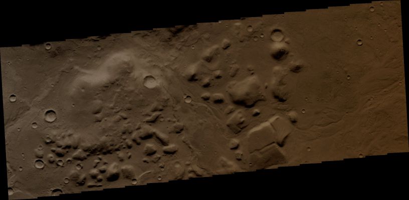 The Boudary between Highlands and Lowlands (Natural Colors; credits for the additional process. and color.: Dr Gianluigi Barca - Lunexit Team)
Orbit Number: 38884 
Latitude (centered): 30,4564°
Longitude (East): 81,8197°
Instrument: VIS 
Captured: September, 20th, 2010
Parole chiave: Mars from orbit - Highlands/Lowlands Boundary