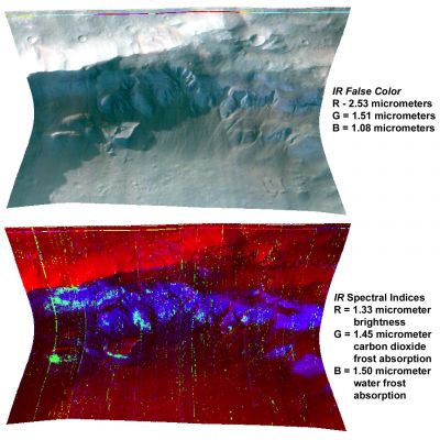 Seasonal frost in Terra Sirenum (according to NASA)
Caption NASA originale:"This image of the Terra Sirenum Region of Mars was taken by the Compact Reconnaissance Imaging Spectrometer for Mars (CRISM) at 09:18 UTC (4:18 a.m. EST) on Nov. 25, 2006, near 38,9° South Lat. and 195,9° East Long. CRISM's image was taken in 544 colors covering 0,36-3,92 micrometers and shows features as small as 18 mt (60 feet) across. 
At this time, Mars' Southern Hemisphere was experiencing mid-Winter. During Martian Southern Winter, the Southern Polar Cap is covered and surrounded by CO2 frost and water frost. This is unlike Earth, whose frozen Winter precipitation is made up of only one volatile -- water. The CO2 frost evaporates, or sublimates, at a lower temperature than water frost. So, during Spring, the CO2 ice evaporates first and leaves a residue of water frost, which later sublimates as well.

The image shown here covers part of a crater rim, which is illuminated from the upper left. North is at the top.

The topography creates a cold microenvironment on the South side of the rim that is partially protected from solar illumination. That cold surface contains an outlier of the southern seasonal frost about 15° of Lat. closer to the Equator than the average edge of the frost at this season. 
The top image was constructed from 3 infrared wavelengths that highlight the bluer color of frost than the background rock and soil. Note that the frost occurs both on sunlit and shaded surfaces on the south side of the rim. The shaded areas are still visible because they are illuminated indirectly by the Martian Sky. 
The bottom image was constructed by measuring the depths of spectral absorption bands due to water frost and CO2 frost and displaying the results in image form. Blue shows strength of an absorption due to water frost near 1,50 mmts and green shows strength of an absorption due to CO2 frost near 1,45 mmts. Red shows brightness of the surface at 1,33 micrometers -- outside of the frost absorption bands -- in order to show the relationship of frost to the illuminated crater rim.
In comparing the top and bottom images, note that water frost occurs in many locations on the south-facing side of the crater rim, both in sunlit and shaded areas. Because it faces away from the Sun, this side of the crater rim is colder than the north, Sun-facing side. 
This favors the formation of frost. In contrast, CO2 frost occurs only in the coldest, most shaded areas".
Parole chiave: Mars from orbit - Terra Sirenum
