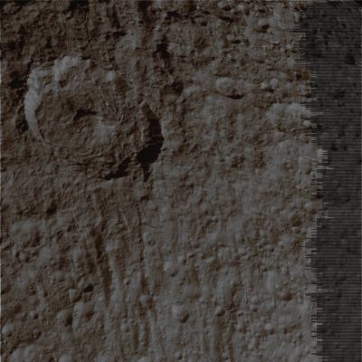 Tethys' surface, in the Saturn-shine (5 - natural colors - elab. Lunexit)
Caption NASA:"N00085220.jpg was taken on June 27, 2007 and received on Earth June 28, 2007. The camera was pointing toward Tethys that, at the time, was approx. 29.462 Km away. The image was taken using the CL1 and CL2 filters. 
This image has not been validated or calibrated".
Parole chiave: Saturn's Moons - Tethys