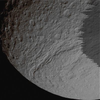Tethys' surface, in the Saturn-shine (7 - natural colors - elab. Lunexit)
Caption NASA:"N00085225.jpg was taken on June 27, 2007 and received on Earth June 28, 2007. The camera was pointing toward Tethys that, at the time, was approx. 78.979 Km away. The image was taken using the CL1 and CL2 filters. 
This image has not been validated or calibrated".
Parole chiave: Saturn's Moons - Tethys
