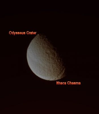 Tethys (MULTISPECTRUM-2; credits: Lunexit)
Caption NASA:"From a highly inclined orbit, the Cassini Spacecraft looks toward far Northern Latitudes on Tethys. 
Here, the spacecraft was above a position about 45° North of the moon's Equator. 
This vantage point afforded a view of the moon's three most recognizable features: the Ithaca Chasma Canyon System (at lower right), Odysseus Crater (at upper left) and the Equatorial Band of Darker Terrain (at lower left). 
Lit terrain seen here is on the Leading Hemisphere of Tethys (1062 Km, or approx. 660 miles across). North is up. 

The image was taken in visible light with the Cassini spacecraft narrow-angle camera on April 29, 2008. The view was obtained at a distance of approx. 991.000 Km (such as about 616.000 miles) from Tethys and at Phase Angle of 73°. 
Image scale is roughly 6 Km (about 4 miles) per pixel".
Parole chiave: Saturn's Moons - Tethys