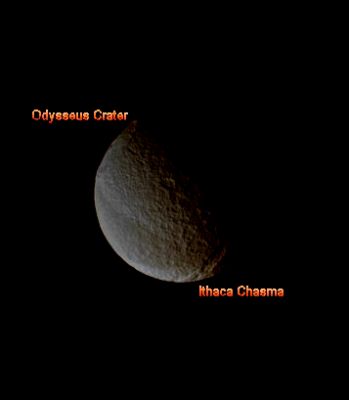 Shall Odysseus ever find Ithaca? (Stretched Absolute Natural Colors; credits for the add. process.: Dr Paolo C. Fienga-LXTT-IPF)
Caption NASA:"From a highly inclined orbit, the Cassini Spacecraft looks toward far Northern Latitudes on Tethys. 
Here, the spacecraft was above a position about 45° North of the moon's Equator. 
This vantage point afforded a view of the moon's three most recognizable features: the Ithaca Chasma Canyon System (at lower right), Odysseus Crater (at upper left) and the Equatorial Band of Darker Terrain (at lower left). 
Lit terrain seen here is on the Leading Hemisphere of Tethys (1062 Km, or approx. 660 miles across). North is up. 

The image was taken in Visible Light with the NASA - Cassini Spacecraft narrow-angle camera on April 29, 2008. 
The view was obtained at a distance of approx. 991.000 Km (such as about 616.000 miles) from Tethys and at Phase Angle of 73°. 
Image scale is roughly 6 Km (about 4 miles) per pixel".
Parole chiave: Saturrnian Moons - Tethys