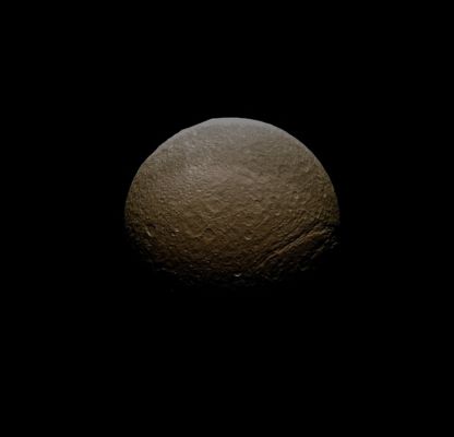 Tethys (MULTISPECTRUM-2; credits: Lunexit)
Caption NASA:"The Cassini Spacecraft took a Southern view of the scarred face of icy Tethys. The moon's South Pole is at bottom center, just above the Terminator. To the left of the Pole, is Crater Melanthius, with its complex of central peaks poking upward into sunlight. On the limb at right, Ithaca Chasma extends Northward. The smoothness of the limb is interrupted at the 11 o'clock position by the rim of Crater Odysseus. A belt of darker terrain girdles the moon's Equator. (...)
Lit terrain seen here is on the Leading Hemisphere of Tethys (about 1062 Km or approx. 660 miles across). North is up, and rotated 9° to the right. 

The image was taken in visible green light with the Cassini Spacecraft narrow-angle camera on May 10, 2008. The view was acquired at a distance of approx. 477.000 Km (such as about 296.000 miles) from Tethys and at a Sun-Tethys-Spacecraft angle of 44°.
Image scale is roughly 3 Km per pixel".
Parole chiave: Saturn's Moons - Tethys