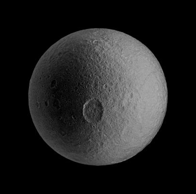 Penelope (additional process. by Lunexit)
Caption NASA:"The Cassini Spacecraft spies the large Penelope Crater on Tethys. 
This view looks toward the Trailing Hemisphere of Tethys (approx. 1062 Km - or about 660 miles across). North on Tethys is up. 

The image was taken with the Cassini Spacecraft narrow-angle camera on Oct. 14, 2009 using a spectral filter sensitive to wavelengths of UltraViolet Light centered at 338 nanometers. 
The view was obtained at a distance of approx. 256.000 Km (about 159.000 miles) from Tethys and at a Sun-Tethys-Spacecraft, or Phase, Angle of 1°. 
Image scale is roughly 2 Km (about 1,25 mile) per pixel".
Parole chiave: Saturn's Moon - Tethys