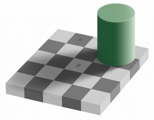 The "Same Color Illusion"
Da "NASA - Picture of the Day" del giorno 4 Ottobre 2009:"Are square A and B of the same color? 
They are. 
The above illusion, called the "Same Color Illusion", illustrates that purely human observations in science may be ambiguous or inaccurate. Even such a seemingly direct perception as relative color. Similar illusions exist on the sky, such as the size of the Moon near the Horizon, or the apparent shapes of astronomical objects. The advent of automated, reproducible, measuring devices such as CCDs have made science in general and astronomy in particular less prone to, but not free of, human-biased illusions".
Parole chiave: Drawings