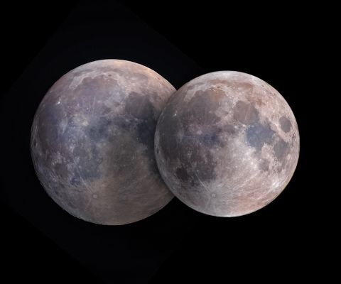 Super and Micro Moon (Credits: Soumyadeep Mukherjee)
What is so micro about tonight's blue micromoon? Just after sunset, a full moon will appear slightly smaller and dimmer than usual. The reason is that the Moon's fully illuminated phase occurs within a short time of apogee - when the Moon is farthest from the Earth in its elliptical orbit. In fact, tonight's micromoon will be the farthest, smallest, and dimmest Moon this year. But tonight's micromoon is notable for yet another reason: it is also a blue moon, meaning that it is the second full moon in the same month (moon-th). Pictured here, a supermoon -- when the full moon appears near its largest -- is compared to a micromoon as photographed from Kolkata, India in May and December of 2021. Although the next micromoon occurs next month, and the next blue moon at the end of 2028, the next blue micromoon will not occur until 2053.
Parole chiave: The Moon from Earth
