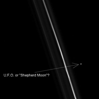 Another UFO in the Space of Saturn?
Caption NASA:"N00124204.jpg was taken on November 16, 2008 and received on Earth November 17, 2008. The camera was pointing toward SATURN-RINGS that, at the time, were approx. 384.329 Km away, and the image was taken using the CL1 and CL2 filters. This image has not been validated or calibrated". 
Parole chiave: Controversial Frame