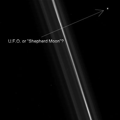 Another UFO in the Space of Saturn?
Caption NASA:"N00124205.jpg was taken on November 16, 2008 and received on Earth November 17, 2008. The camera was pointing toward SATURN-RINGS which, at the time, were approximately 382.907 Km away, and the image was taken using the CL1 and CL2 filters. This image has not been validated or calibrated".
Parole chiave: Controversial Frame