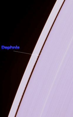 Disturbances...
Caption NASA:"Daphnis cruises through the Keeler Gap, raising edge waves in the ring material as it passes. 
As is characteristic of waves raised by a moon on the edges of a very narrow gap like Keeler, the wave begins as a coherent form near Daphnis and becomes less so with increasing orbital distance from the moon. Daphnis is about 7 Km (4,3 miles) across. 
This view looks upon the lit side of the Rings from about 31° below the Ring-Plane. 

The image was taken in visible light with the Cassini spacecraft narrow-angle camera on Jan. 17, 2007 at a distance of approx. 768.000 Km (about 477.000 miles) from Daphnis. Image scale is roughly 5 Km (about 3 miles) per pixel".
Parole chiave: Saturn's Rings - Keeler Gap and Daphnis
