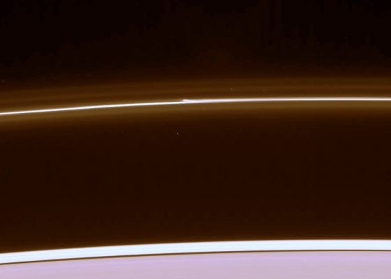 Clumps in the F-Ring
Caption NASA:"The brilliant core of the F-Ring displays a breakaway clump of material, possibly related to the other objects the Cassini spacecraft has witnessed in this dynamic Ring in the past few years of observations. 
This view looks toward the unlit side of the Rings from about 58° above the Ring-Plane. 

The image was taken in visible light with the Cassini spacecraft narrow-angle camera on Feb. 10, 2007 at a distance of approx. 1,7 MKM (1,1 MMs) from Saturn. 
Image scale is roughly 10 Km (about 6 miles) per pixel".
Parole chiave: Saturn's Rings - The "F" Ring