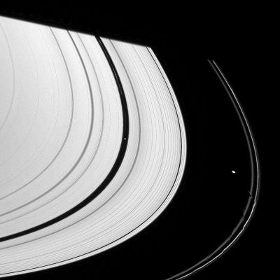 Moons...
Caption NASA:"The effects of three of Saturn's Ring Moons can be spotted in this single narrow-angle camera view. 
The image has been strongly enhanced to better show the wakes on both sides of the Encke Gap caused by Pan (left of center), as well as a hint of the edge waves in the narrow Keeler Gap caused by Daphnis (just below center). 
Bright Prometheus (on the right) pulls away from its latest close encounter with the F-Ring. The aftereffects of its recent passes are visible in the Ring's inner edge. 
This view looks toward the unilluminated side of the Rings from about 10° above the Ping-Plane. 
Saturn's shadow cuts across the Rings at the top of the scene. 

The image was taken in visible light with the Cassini spacecraft narrow-angle camera on June 5, 2007 at a distance of approx. 2,3 MKM (about 1,4 MMs) from Pan. 
Image scale is about 13 Km (approx. 8 miles) per pixel".
Parole chiave: Saturn's Moons - Prometheus, Daphnis and Pan