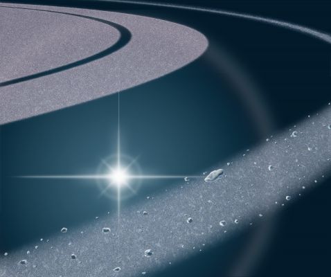 Mittens
Caption NASA:"This is an artist concept of the view from Cassini during the star occultation that detected "Mittens," the small object to the right of the star. As Cassini watched the star pass behind Saturn's F-Ring (foreground), the star blinked out when Mittens blocked it, indicating it may be a solid moonlet".
Parole chiave: Space Posters & Paintings
