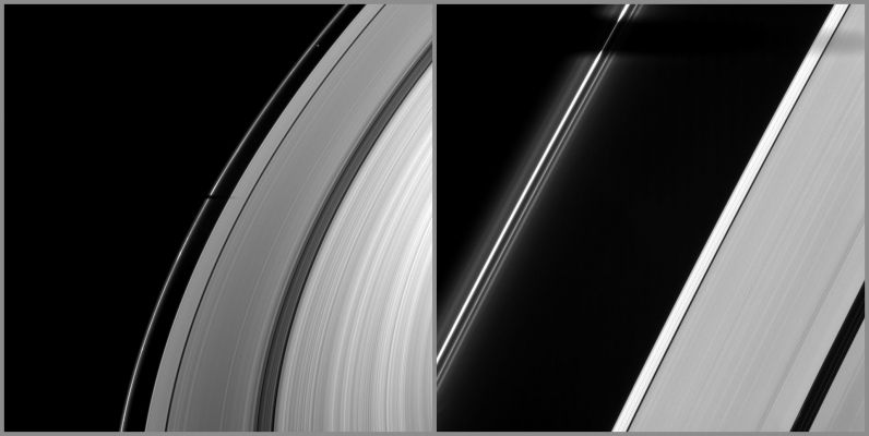 Shadows on the Rings
...EccoVi un altro esempio delle "gigantesche navi spaziali" che si muoverebbero attraverso gli Anelli di Saturno, secondo il Dr Bergrun...

In realtà è soltanto la lunga ombra della luna saturniana Tethys la quale, all'avvicinarsi dell'Equinozio, si stende sugli Anelli del Gigante Gassoso, dando l'impressione - ma solo ad un osservatore completamente disattento - della esistenza di un vascello scuro a forma di fuso che si muove attraverso gli Anelli "F" ed "A".

Caption NASA:"Joining other moons in heralding the coming of Saturn's August 2009 Equinox, the moon Tethys casts its shadow across Saturn's F-Ring and part of the A-Ring. 
The penumbra, or outer non-opaque part of Tethys' shadow, has intersected the A-ring. Only around the time of Equinox are the shadows of the moons cast onto Saturn's Rings. For an animation of the moon Epimetheus casting a shadow on the A-Ring, see also PIA11651. 

The image on the left was taken in Visible Light with the Cassini Spacecraft wide-angle camera on March 20, 2009. The image on the right was taken with the narrow-angle camera at nearly the same time. Tethys itself is not visible in these images, but the small moon Prometheus can be seen between the F and A-Rings in the top of the wide-angle camera image. 
This view looks toward the unilluminated side of the Rings from about 37° above the Ring-Plane. The view was obtained from a distance of approx. 880.000 Km (about 547.000 miles) from Saturn and at a Sun-Saturn-Spacecraft, or Phase, Angle of 124°. 
Image scale is roughly 49 Km (about 31 miles) per pixel in the wide-angle image. In the narrow-angle camera image, the scale is roughly 5 Km (a little more than 3 miles) per pixel".
Parole chiave: Saturn's Rings