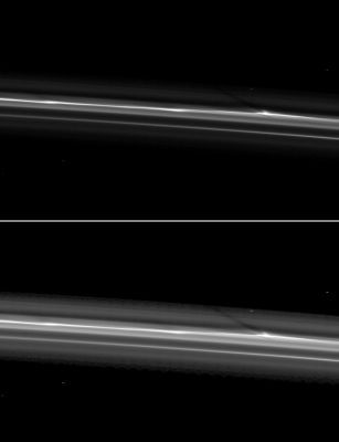 Shadow of a "Vertical Structure" in the "F"-Ring
Caption NASA:"Cassini spies a shadow cast by a vertically extended structure or object in the F-Ring in this image taken as Saturn approaches its August 2009 Equinox. 

The structure can be seen as a bulge near the bright core of the Ring on the right of the image. Imaging scientists are working to understand the origin of structures such as this one, but they think this image shows the shadow of what appears to be a vertically extended object in the core of the "F"-Ring. 
The second (bottom) version of the image has been brightened to enhance the visibility of the Ring and shadow. Background stars appear elongated in the image because of the camera's exposure time. 

This view looks toward the sunlit side of the Rings, from about 54° below the Ring-Plane. 

The image was taken in Visible Light with the Cassini Spacecraft narrow-angle camera on June 9, 2009. The view was obtained at a distance of approx. 592.000 Km (about 368.000 miles) from Saturn and at a Sun-Saturn-Spacecraft, or Phase, Angle of 97°. Image scale is roughly 3 Km (a little less than 2 miles) per pixel".
Parole chiave: Saturn's Rings - "F" Ring