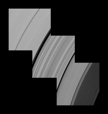 Spiral Corrugation across the C and D-Rings
Caption NASA:"Alternating light and dark bands, extending a great distance across Saturn’s D and C-Rings, are shown here in these Cassini images taken one month before the Planet’s August 2009 Equinox. 

The C-Ring stretches across the upper left and middle of the image. The D-Ring is barely visible amid the noise in the lower right of the image. 
The periodic brightness variations in the Rings have a subtler, narrow appearance in this mosaic of three Cassini images than other larger features of the Rings, such as the Columbo Gap which appears as a black arc on the left of the center frame of the mosaic. These brightness variations are almost certainly caused by the changing slopes in the rippled Ring-Plane, much like the corrugations of a tin roof. 
Although previous Cassini observations (see PIA08325) had revealed corrugations in the D-Ring extending over 500 miles (about 800 Km), this image shows these features extending for 6200 miles (about 10.000 Km) into the C-Ring. 

Later Equinox images revealed the true dimension of this Corrugation, extending completely across the C ring, right up to the inner B-Ring edge for a total breath of about 17.000 Km (approx. 11.000 miles) -- see PIA11670 and PIA11671. 

This and other new imagery supports earlier evidence that something dramatic happened in the early 1980s to initiate this feature. 

In 2006, imaging scientists speculated that a collision with a comet or asteroid may have disturbed the D-Ring. That explanation seems less likely now that this and other new images show the effect spread over a much broader radial range, extending right up to the inner B-Ring. Scientists continue to investigate the cause of this disturbance. 

Whatever caused the corrugation apparently tilted a vast region of the inner rings relative to Saturn’s gravitational field in a relatively short period of time during the early 1980s. In the intervening years, the natural tendency for inclined orbits to systematically and slowly wobble at different rates, depending on their distance from Saturn, has created a tightly wound spiral corrugation in the Ring-Plane. 

This view looks toward the unilluminated side of the Rings from about 24° above the Ring-Plane. 
The D-Ring has been brightened relative to C-Ring to enhance visibility. 

The images were taken in Visible Light with the Cassini Spacecraft narrow-angle camera on July 11, 2009. The view was acquired at a distance of approx. 470.000 Km (about 292.000 miles) from Saturn and at a Phase Angle of 25°. 
Image scale is roughly 2 Km (about 1,25 miles) per pixel".
Parole chiave: Saturn's Rings - "C" Ring and "D" Ring