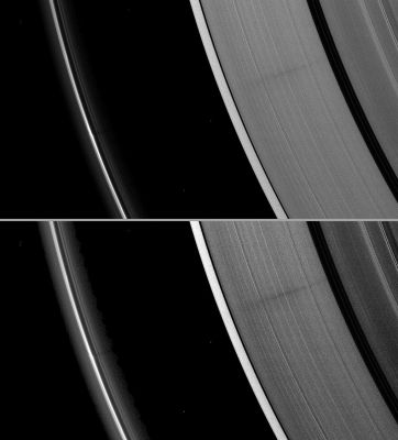From "F" to "A"!
Caption NASA:"A vertically extended Structure or Object in Saturn's "F"-Ring casts a shadow long enough to reach the "A"-Ring in this Cassini image taken just days before Planet's August 2009 Equinox.
 
The structure can be seen as a bulge within the bright core of the "F"-Ring on the left of the image. The structure rises far enough above the Ring-Plane for the shadow to be cast across the Roche Division and onto the "A"-Ring. The shadow is barely visible stretching across the top right quadrant of the image. The shadow appears very faint here because this view looks toward the unlit side of the Rings. 

This image and others like it (see PIA11662 and PIA11663) are only possible around the time of Saturn's equinox which occurs every half-Saturn-year (equivalent to about 15 Earth years). The illumination geometry that accompanies equinox lowers the sun's angle to the ring plane and causes out-of-plane structures to cast long shadows across the Rings. 
Exact equinox at Saturn begins August 11, 2009, and lasts about 4 days. Shadows have grown longer as those days draw near. Cassini's cameras have spotted not only the predictable shadows of some of Saturn's moons (see PIA11657), but also the shadows of newly revealed Vertical Structures in the Rings themselves (see PIA11654). 

The "A"-Ring in the first (top) image has been brightened relative to "F"-Ring to enhance visibility of the ring and shadow. The entire image in the second (bottom) version has been contrast enhanced. Bright specks in the image are background stars. 
This view looks toward the unilluminated side of the Rings from about 28° above the Ring-Plane. 

The image was taken in Visible Light with the Cassini Spacecraft narrow-angle camera on July 30, 2009. The view was obtained at a distance of approx. 1,8 MKM (about 1,1 MMs) from Saturn and at a Sun-Saturn-Spacecraft, or Phase, Angle of 96°. 
Image scale is roughly 10 Km (a little more than 6 miles) per pixel".
Parole chiave: Saturn's Rings - "A" Ring and "F" Ring