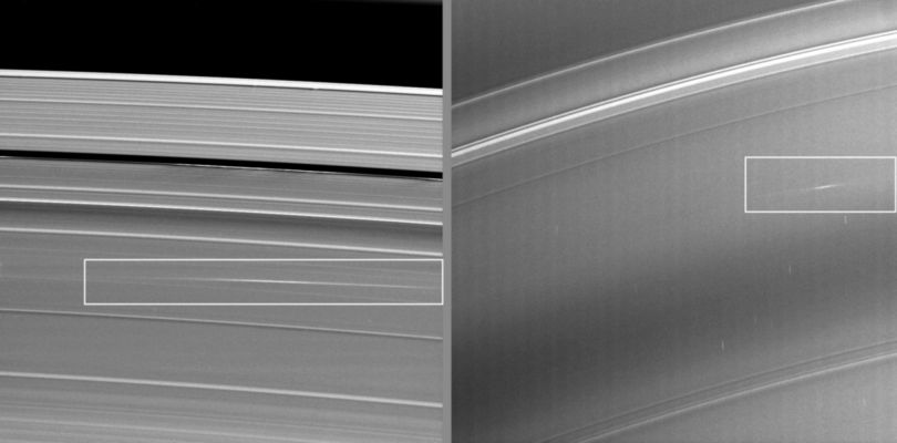 Rocky-Rain on the Rings
Caption NASA:"The bright Streaks visible in these Cassini images taken during Saturn’s August 2009 Equinox are exciting evidence of a constant rain of interplanetary projectiles onto the Planet’s Rings. 
Objects, each estimated to be one meter (3 feet) in size and traveling tens of kilometers per second (tens of thousands of miles per hour), likely smashed into the Rings and created elevated clouds of tiny particles that have been sheared out, or elongated and tilted, by orbital motion into bright streaks. 

The image on the left shows an impact in the A-Ring. The Streak stretches from the right of the image to the middle, and it does not quite follow the arc of the Rings. The brightest part of that Streak is about 5000 Km  (approx. 3100 miles) long (its azimuthal dimension) and about 200 Km (approx. 120 miles) wide (its radial extent, tip to tip) in this image. 

The image on the right shows an impact into the C-Ring. This Streak is much smaller than the A-Ring Streak, and it appears on the right of the image. The brightest part of this Streak is approx. 200 Km (about 120 miles) long (its azimuthal dimension) and approx. 10 Km (about 6 miles) wide (its radial dimension, tip to tip) in this image. 

By the brightness and dimensions of the Streaks, scientists estimate the impactor sizes at roughly one meter (3 feet), and the elapsed time since impact at one to two days. These Equinox data lend more confidence to a Cassini imaging observation made in 2005 of similar Streaks seen in the C-Ring (see PIA11675). 

All together, these observations constitute the visual confirmation of a long-held belief that bits of interplanetary debris continually rain down on Saturn’s Rings and contribute to the Rings’ erosion and evolution. 
Although the phase angle of these images is not the best for seeing clouds of small particles, these ejecta clouds are easily seen because very little sunlight is falling on the Rings during the exceedingly low Sun-angle condition prevalent during the four days surrounding exact Saturn Equinox. 
Exact Equinox is when the sun is directly overhead at the Equator. A cloud of dust rising above the dark Ring-Plane is more directly catching the Sun’s rays, and is hence well lit and easily visible by contrast. 
When the Ring background is at its usual brightness, impacts such as these are very difficult to detect. 

The view of the A-Ring Streak on the left looks toward the northern side of the Rings from about 20° above the Ring-Plane. The image was taken in Visible Light with the Cassini Spacecraft narrow-angle camera on Aug. 13, 2009. The view was obtained at a distance of approx. 1,2 MKM (about 746.000 miles) from Saturn and at a Phase Angle of 87°. 
Image scale is 7 kilometers (4 miles) per pixel. 

The view of the C-Ring Streak on the right looks toward the southern side of the Rings from about 22° below the RingPlane. The image was taken in Visible Light with the Cassini Spacecraft narrow-angle camera on Aug. 11, 2009. The view was obtained at a distance of approx. 263.000 Km (about 164.000 miles) from Saturn and at a Phase Angle of 135°. 
Image scale is roughly 1 Km (4007 feet) per pixel".
Parole chiave: Saturn's Rings - "A" Ring and "C" Ring