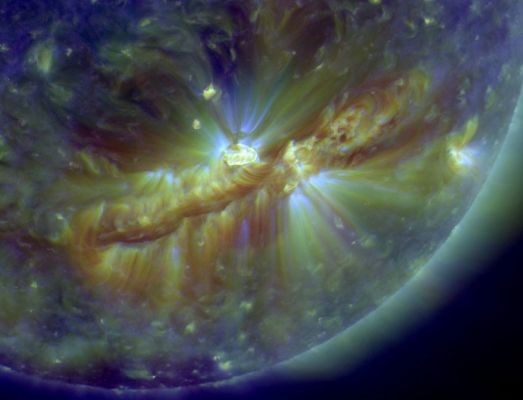 Intense Solar Activity on the Sun: Sunspot 1112 and Solar Flares
October 16, 2010 - Fast-growing sunspot 1112 is crackling with solar flares. The three strongest of this 24 hour period: an M3-flare at 1910 UT on Oct. 16th, a C1-flare at 0900 UT and another C1-flare at 1740 UT on Oct. 17th. So far, none of the blasts has hurled a substantial CME (Coronal Mass Ejection) toward Earth.

In addition, a vast Filament of Magnetism is cutting across the Sun's Southern Hemisphere, measuring about 400.000 Km. A bright 'hot spot' just North of the Filament's midpoint is UV radiation from Sunspot 1112. 
The proximity is no coincidence; the filament appears to be rooted in the Sunspot below. If the Sunspot flares, it could cause the entire structure to erupt. But so far, none of the Flares has destabilized the Filament.
Parole chiave: The Sun from Space
