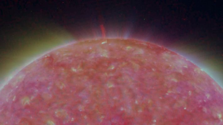 The North Pole of the Sun
NASA's Solar TErrestrial RElations Observatory (STEREO) satellites have provided the first three-dimensional images of the Sun. For the first time, scientists will be able to see structures in the Sun's atmosphere in 3D. 
The new view will greatly aid scientists' ability to understand solar physics and thereby improve space weather forecasting. 
The EUVI imager is sensitive to wavelengths of light in the extreme ultraviolet portion of the spectrum. 
EUVI bands at wavelengths of 304, 171 and 195 Angstroms have been mapped to the red blue and green visible portion of the spectrum; and processed to emphasize the temperature difference of the solar material. 
In this picture, a large spicule can be seen. 
Parole chiave: The Sun from Space