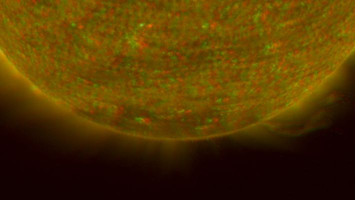 The South Pole of the Sun
This image is a composite of left and right eye color image pairs taken by the SECCHI Extreme UltraViolet Imager (EUVI) mounted on the STEREO-B and STEREO-A Spacecraft. 
STEREO-B is located behind the Earth, and follows the Earth in orbit around the Sun, This location enables us to view the Sun from the position of a virtual left eye in space. 
STEREO-A is located ahead of the Earth, and leads the Earth in orbit around the Sun, This location enables us to view the Sun from the position of a virtual right eye in space. 

The EUVI imager is sensitive to wavelengths of light in the extreme ultraviolet portion of the spectrum. 
EUVI bands at wavelengths of 304, 171 and 195 Angstroms have been mapped to the red blue and green visible portion of the spectrum and processed to emphasize the three-dimensional structure of the solar material.
Parole chiave: The Sun from Space