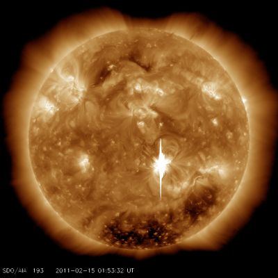 Solar "X-Class" Flare
Caption NASA:"On February 14, 2011, the Sun unleashed one of its most powerful explosions, an "X-Class Flare". The blast was the largest so far in the new Solar Cycle. Erupting from Active Region AR1158 in the Sun's Southern Hemisphere, the Flare is captured here in this extreme UltraViolet image from the Solar Dynamics Observatory (SDO). The intense burst of electromagnetic radiation momentarily overwhelmed pixels in SDO's detectors causing the bright vertical blemish. 

This "X-Class Flare" was also accompanied by a Coronal Mass Ejection (CME), a massive cloud of charged particles traveling outward at nearly 900 Km per second".
Parole chiave: The Sun from Space
